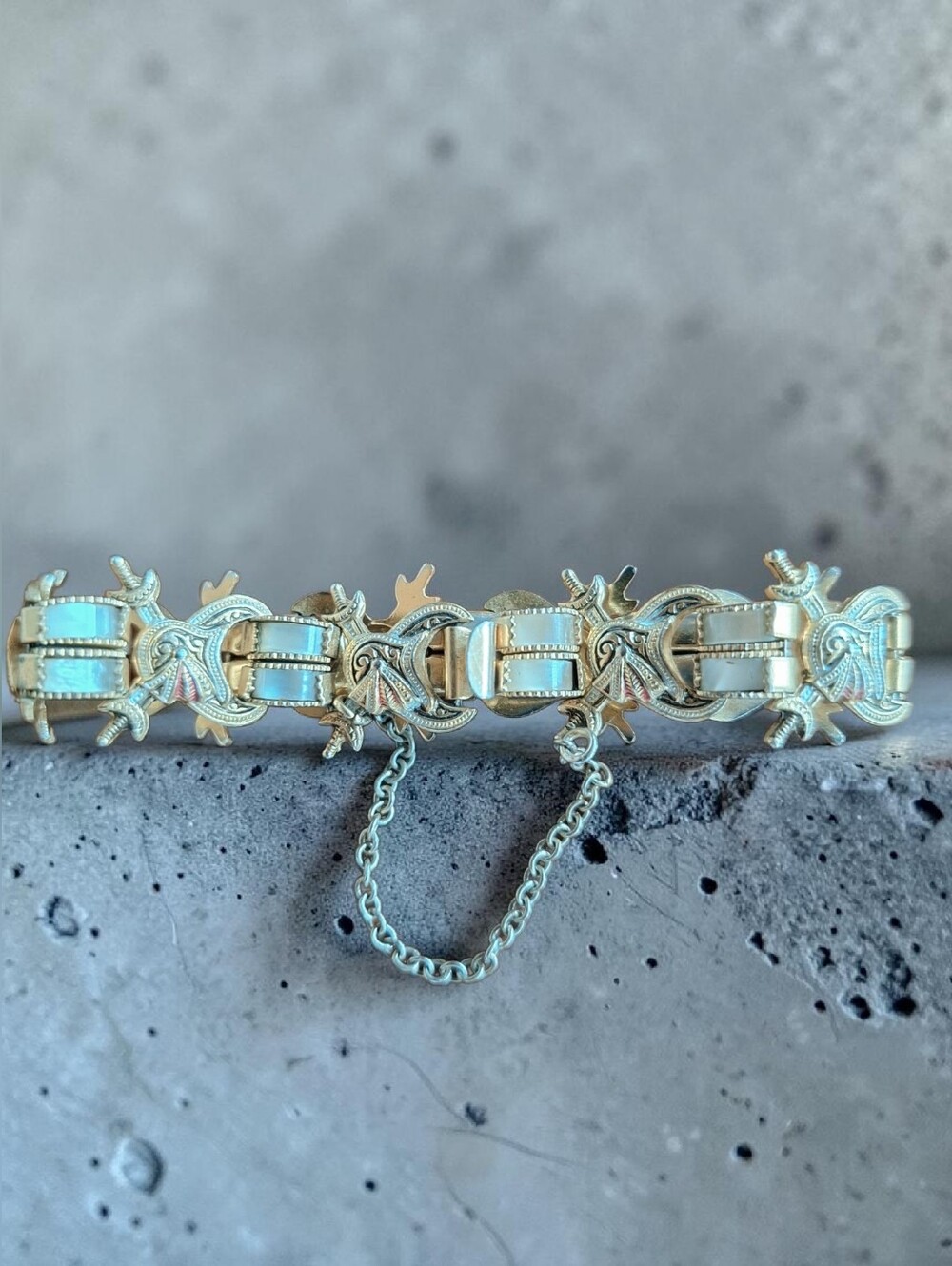 Vintage Gold Damascene Link Bracelet W/ Faux Mother Of Pearl Panels